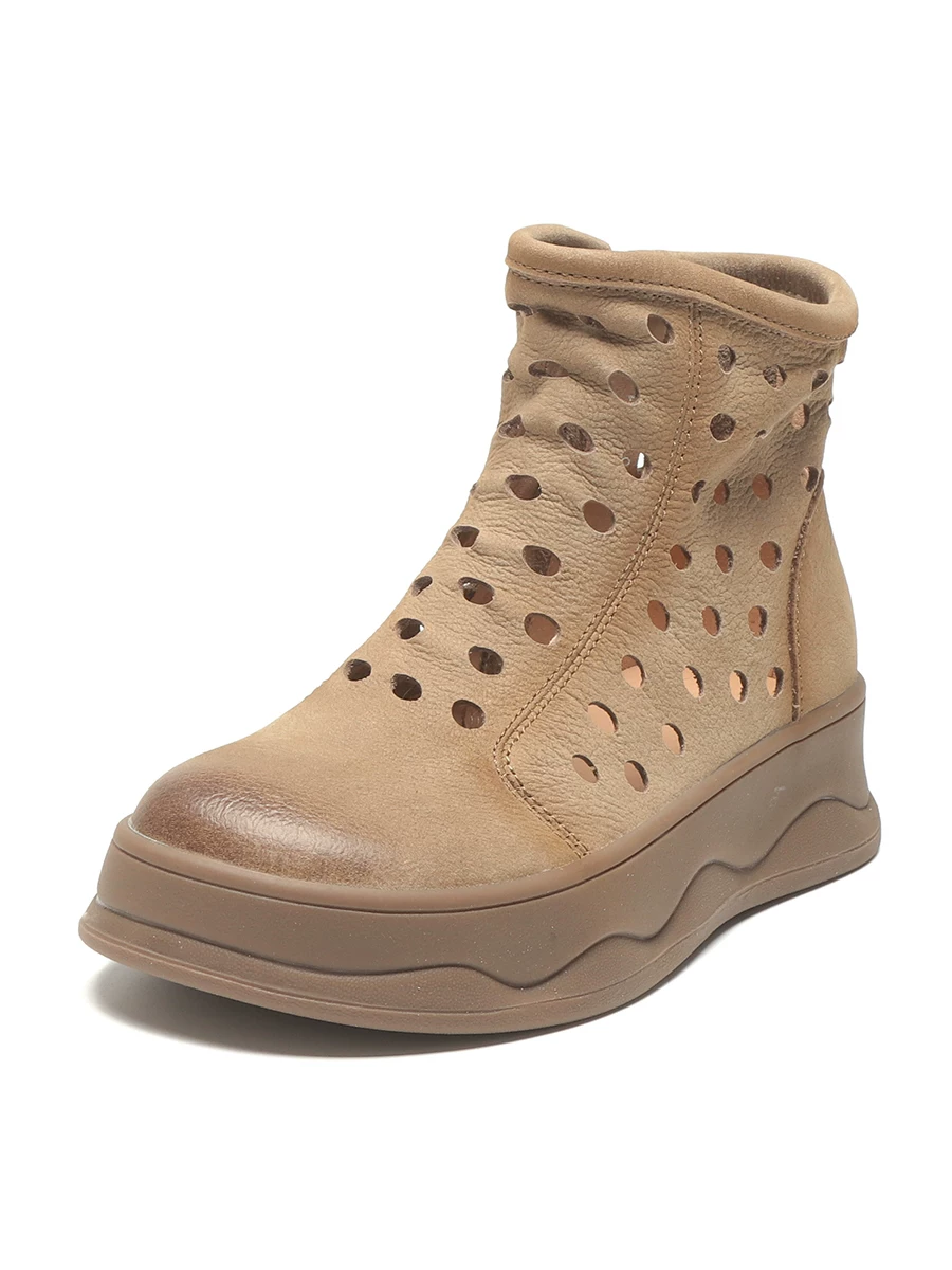 Giày sandal cao cổ nữ đế dày, kiểu boot La Mã khoét lỗ, mẫu mới hè 2026, giày bốt ngắn da thật thoáng khí dành cho nữ.