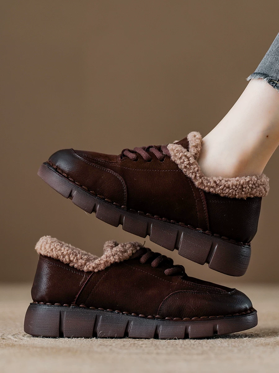 Giày bốt tuyết nữ da thật phong cách retro, đế mềm, êm ái và ấm áp, chất liệu cotton, kiểu mới mùa đông 2025, giày da lót lông cừu dành cho mẹ.