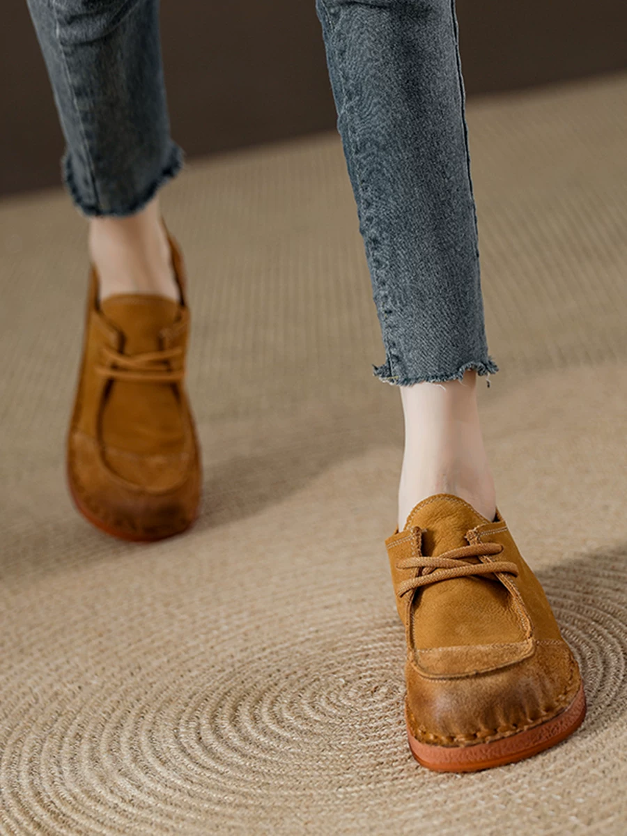 Giày đơn nữ da bò mềm phối màu phong cách retro, giày mẹ đế mềm êm ái, giày da thật kiểu mới mùa xuân 2026, giày da nhỏ phong cách thường ngày.