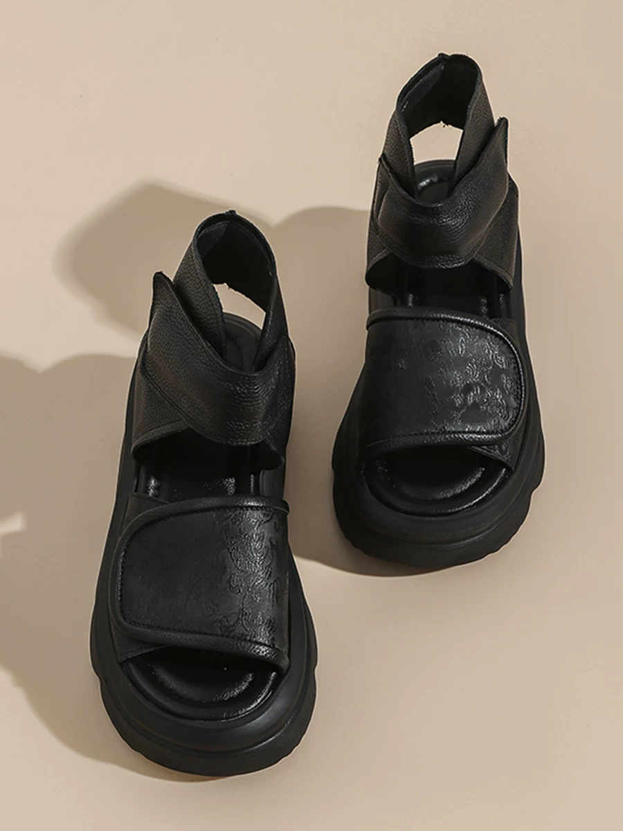 Giày sandal cao cổ dành cho nữ, đế dày, tăng chiều cao, da thật, bốt khoét lỗ, kiểu mới mùa hè 2026, da bò, giày La Mã hở mũi phong cách retro.