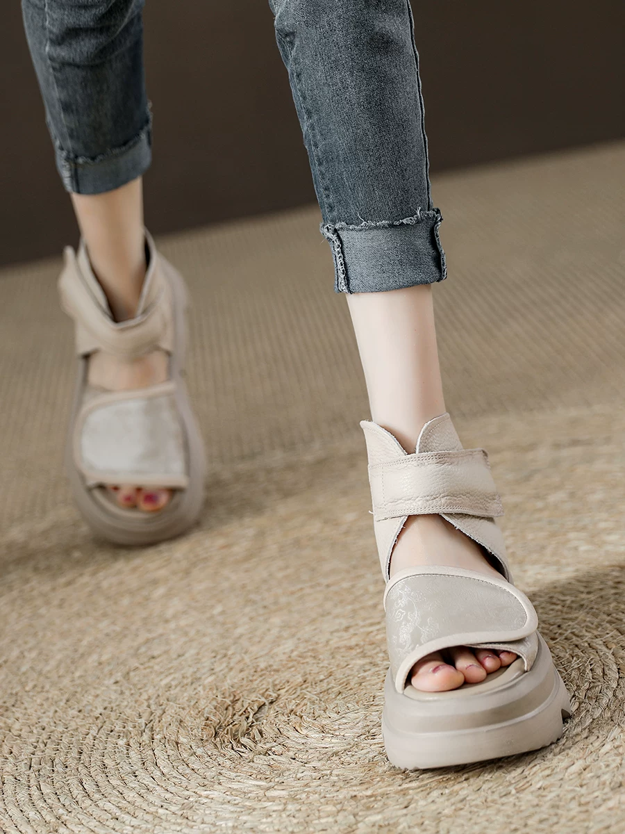 Giày sandal cao cổ dành cho nữ, đế dày, tăng chiều cao, da thật, bốt khoét lỗ, kiểu mới mùa hè 2026, da bò, giày La Mã hở mũi phong cách retro.