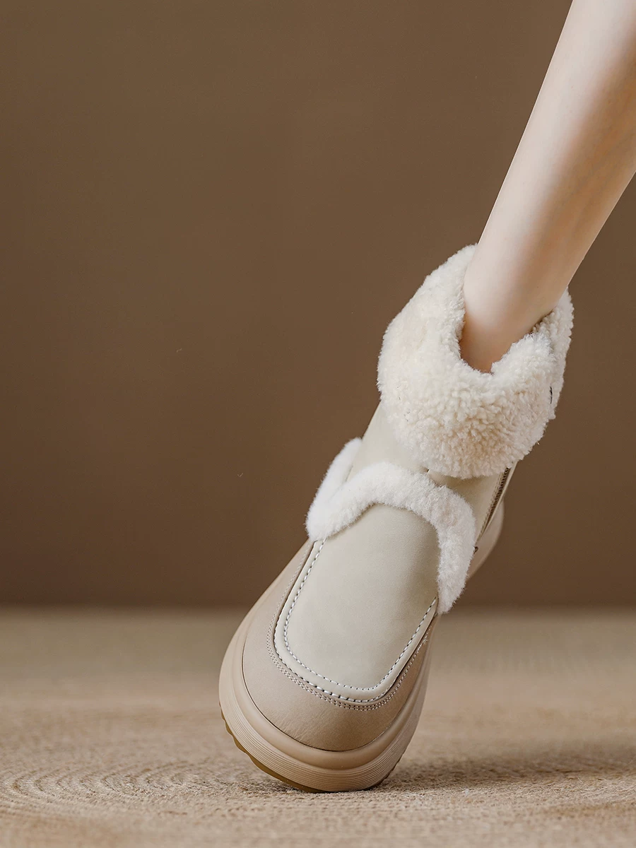 Giày bốt nữ bằng len, đế dày, chống trơn trượt, tích hợp da và lông thú, bốt cotton, kiểu mới mùa đông 2025, lót lông cừu, dày dặn, bốt lông ngắn.