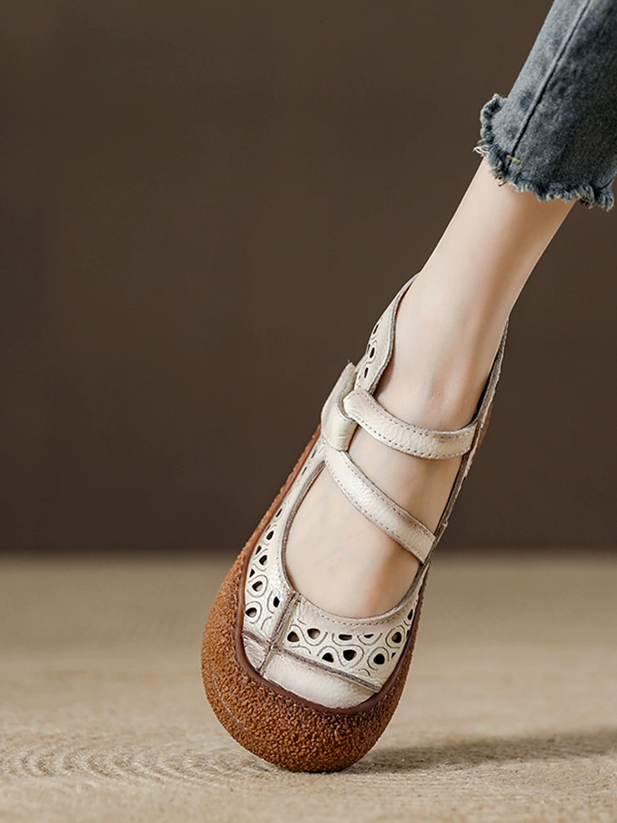 Giày sandal bít mũi khoét lỗ dành cho nữ, da thật, phong cách La Mã cổ điển, giày bốt cao cổ đục lỗ thoáng khí mới mùa hè 2026.