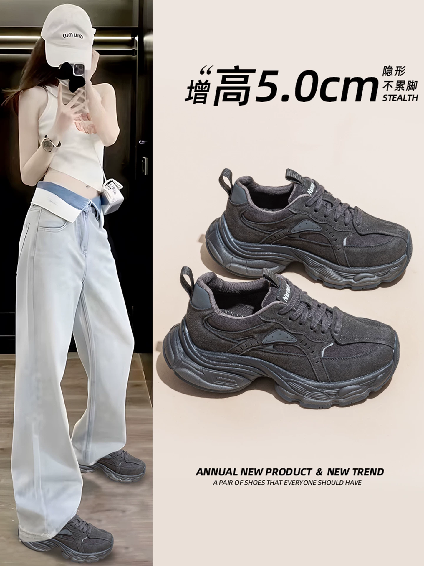 Giày thể thao nữ da xám kiểu retro, đế dày, lót lông, mẫu mới thu đông 2025, giày da thật đa năng, phong cách thường ngày.