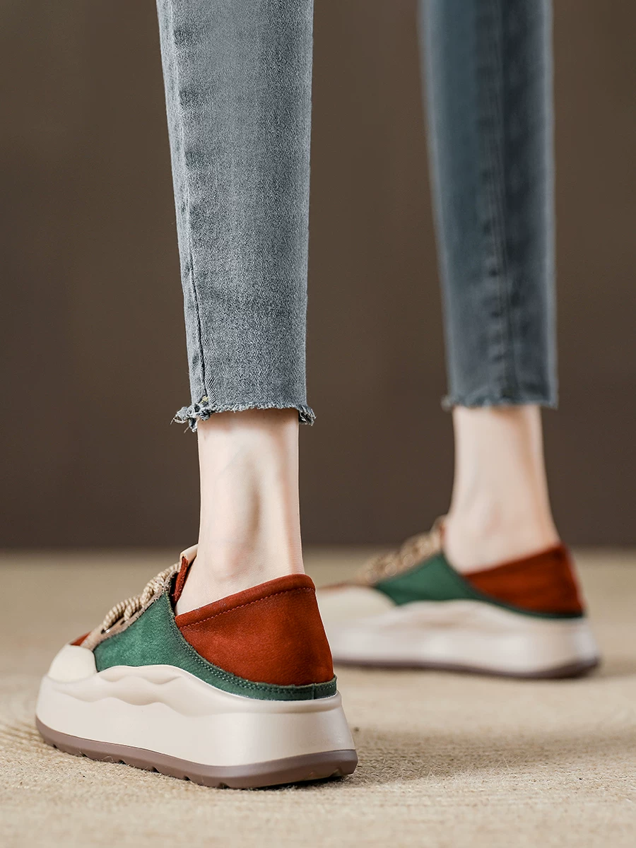 Giày thể thao nữ da bò phối màu retro, đế dày, đi được hai kiểu, chất liệu da thật, mẫu mới thu 2025, giày thể thao thường ngày.