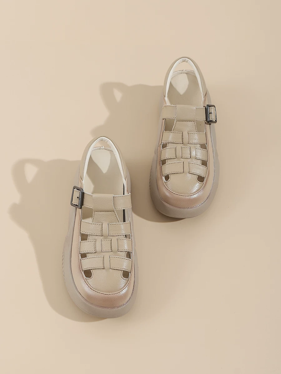 Giày sandal hở mũi khoét lỗ dành cho nữ, giày La Mã đế dày bằng da thật, giày thể thao thông thường thoáng khí mới mùa hè 2026 dành cho nữ.