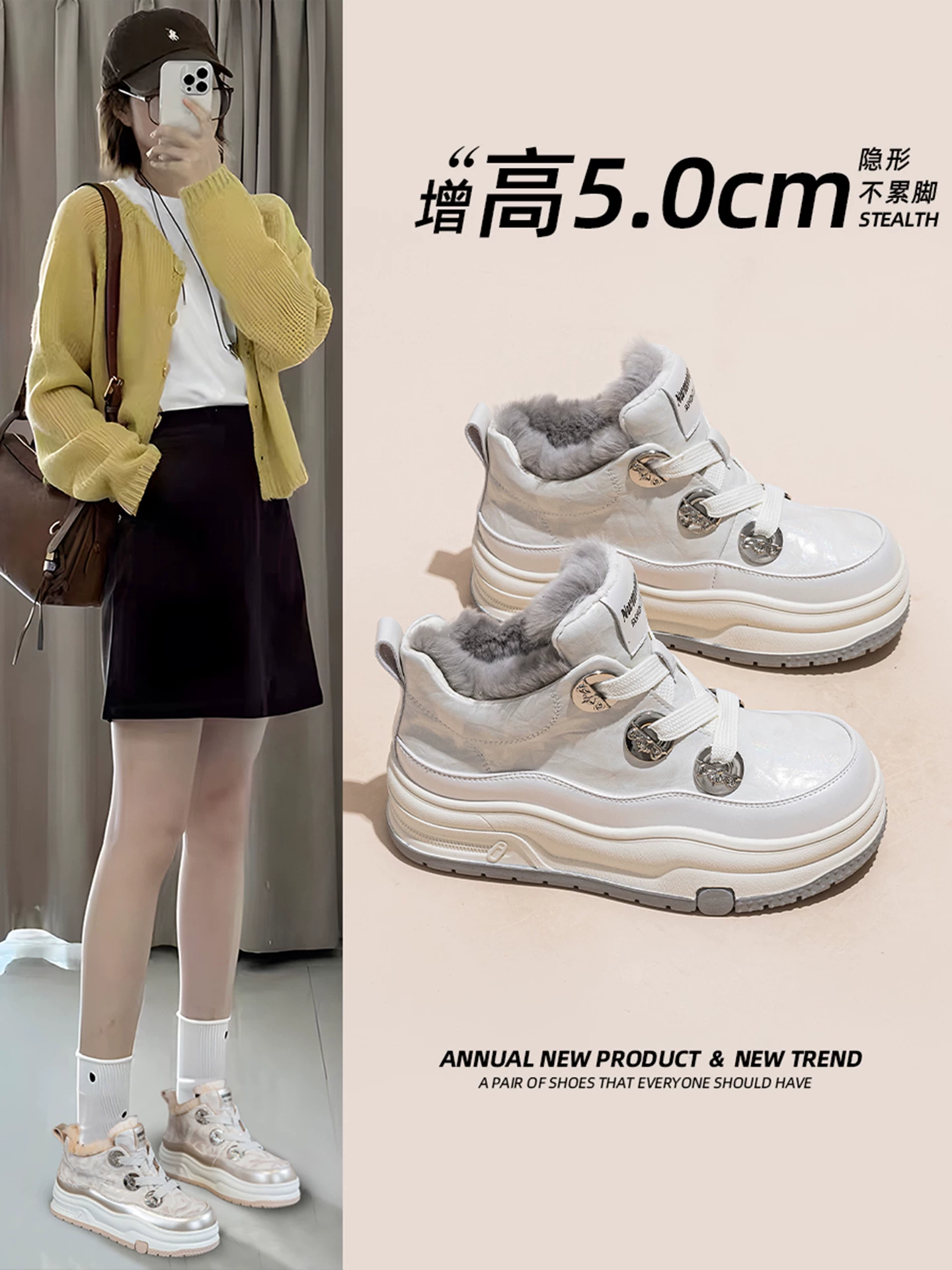 Giày bốt ngắn nữ, đế dày, giữ ấm, cổ cao, chất liệu cotton, kiểu mới mùa đông 2025, lót lông cừu, dày dặn, phong cách thể thao năng động.