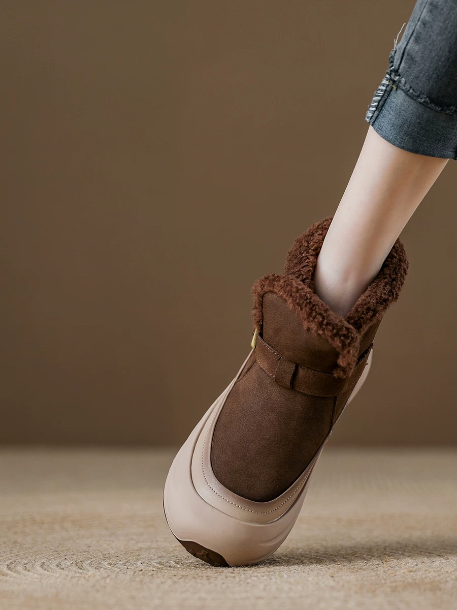 Giày bốt da trắng nữ, đế dày, lót lông cừu kiểu Birkenstock, mẫu mới mùa đông 2025, bốt bông ấm lót lông cừu.