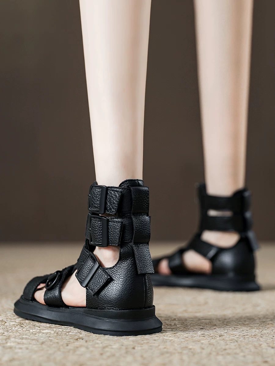 Giày sandal cao cổ nữ, giày da thật kiểu La Mã cổ điển, mẫu mới hè 2026, giày bốt đi xe máy màu đen ngọt ngào cá tính, thoáng khí.