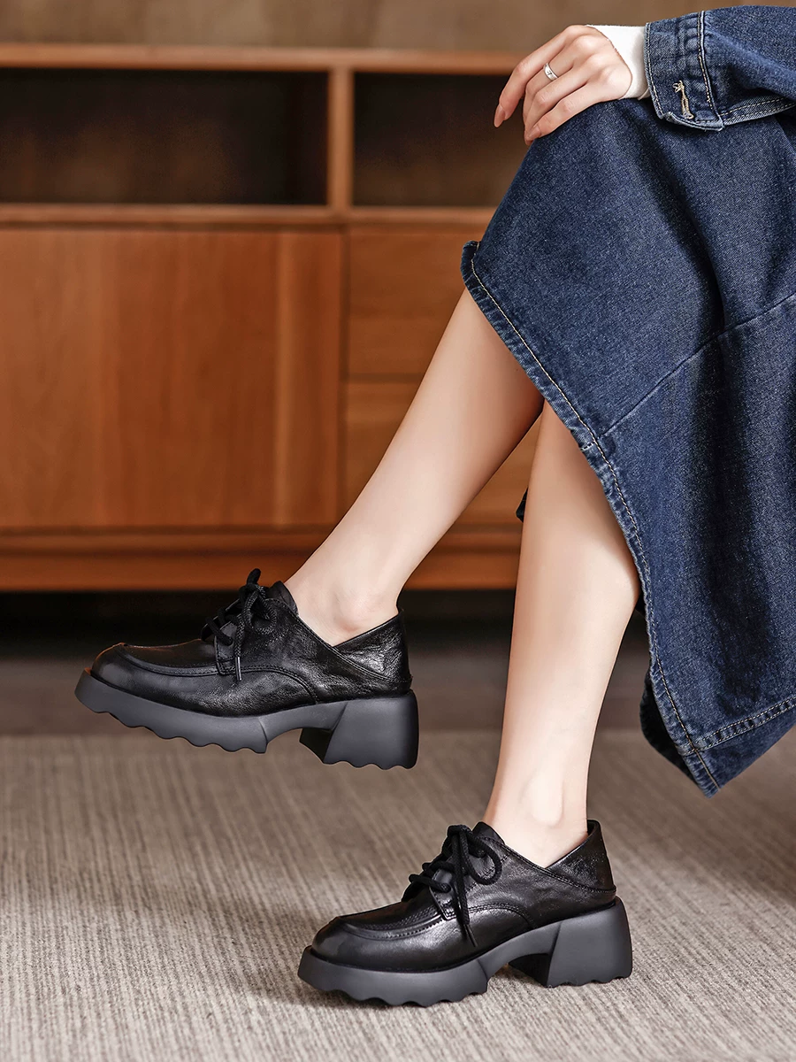 Giày da bò nâu kiểu retro nhỏ gọn dành cho nữ, giày lười đế dày phong cách Anh, giày thường ngày mới mùa thu 2025