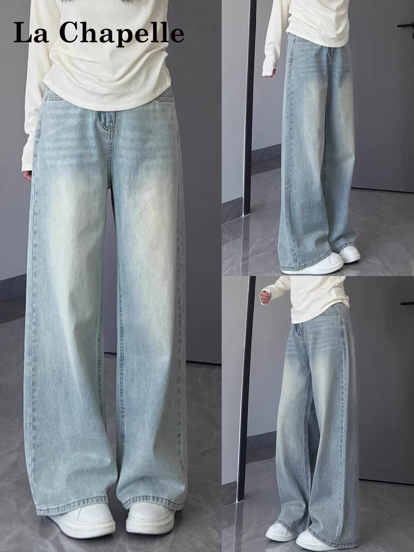 Quần jeans ống rộng dày dặn lót lông màu sáng La Chapelle dành cho nữ, mẫu mới thu đông 2025, cạp cao, dáng suôn