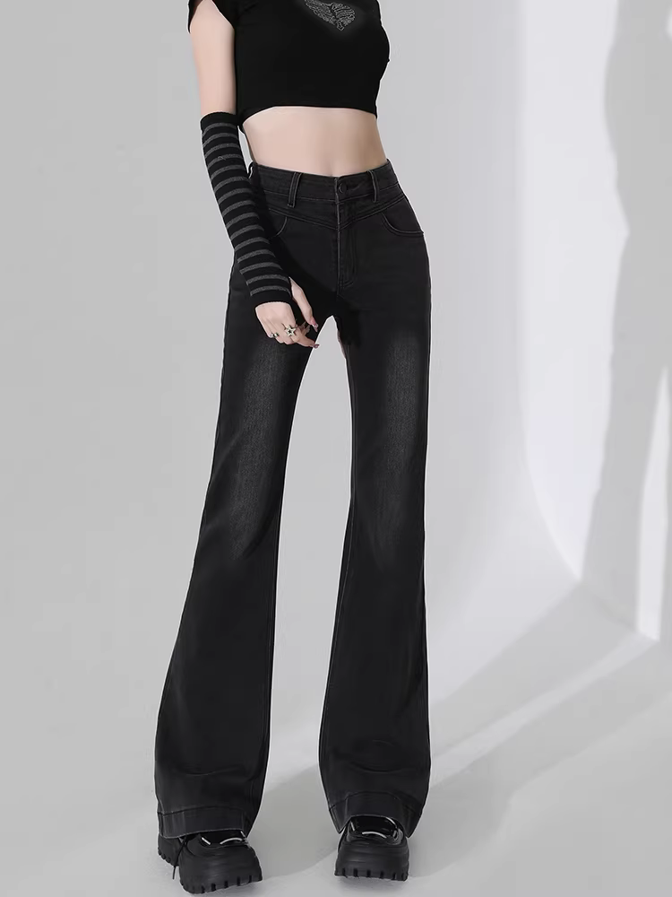 Quần jeans đen La Chapelle dáng loe nữ 2025 mới thu, cạp cao, ôm dáng, kiểu bootcut