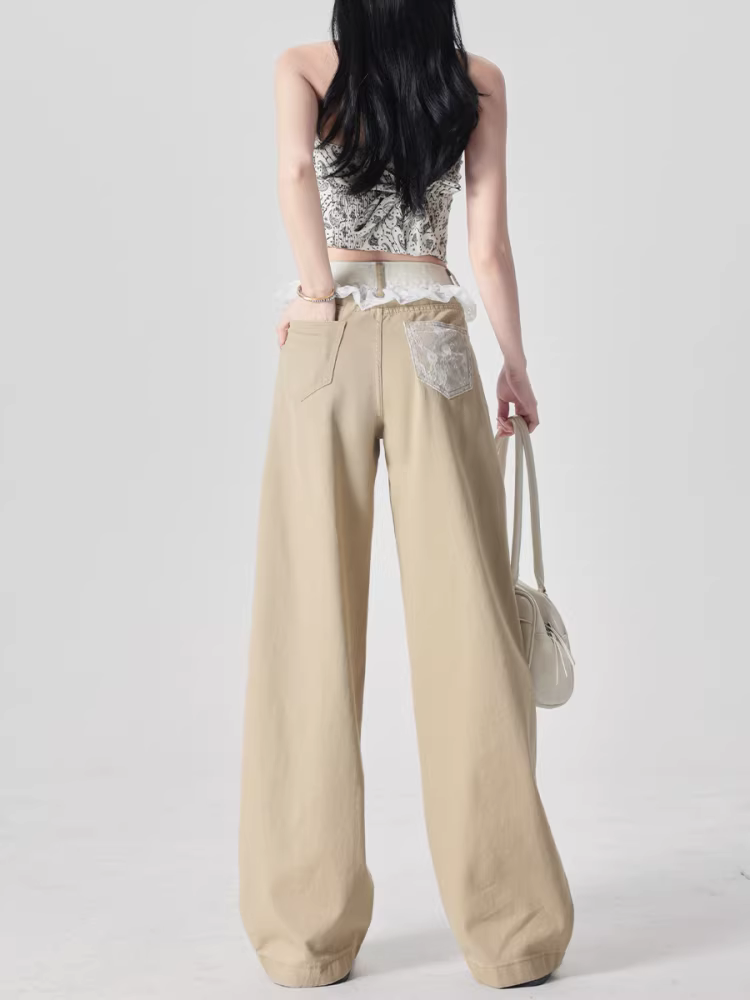 Quần jeans ống đứng màu kaki La Chapelle dành cho nữ, quần ống rộng phối ren lưng cao mới mùa thu 2025