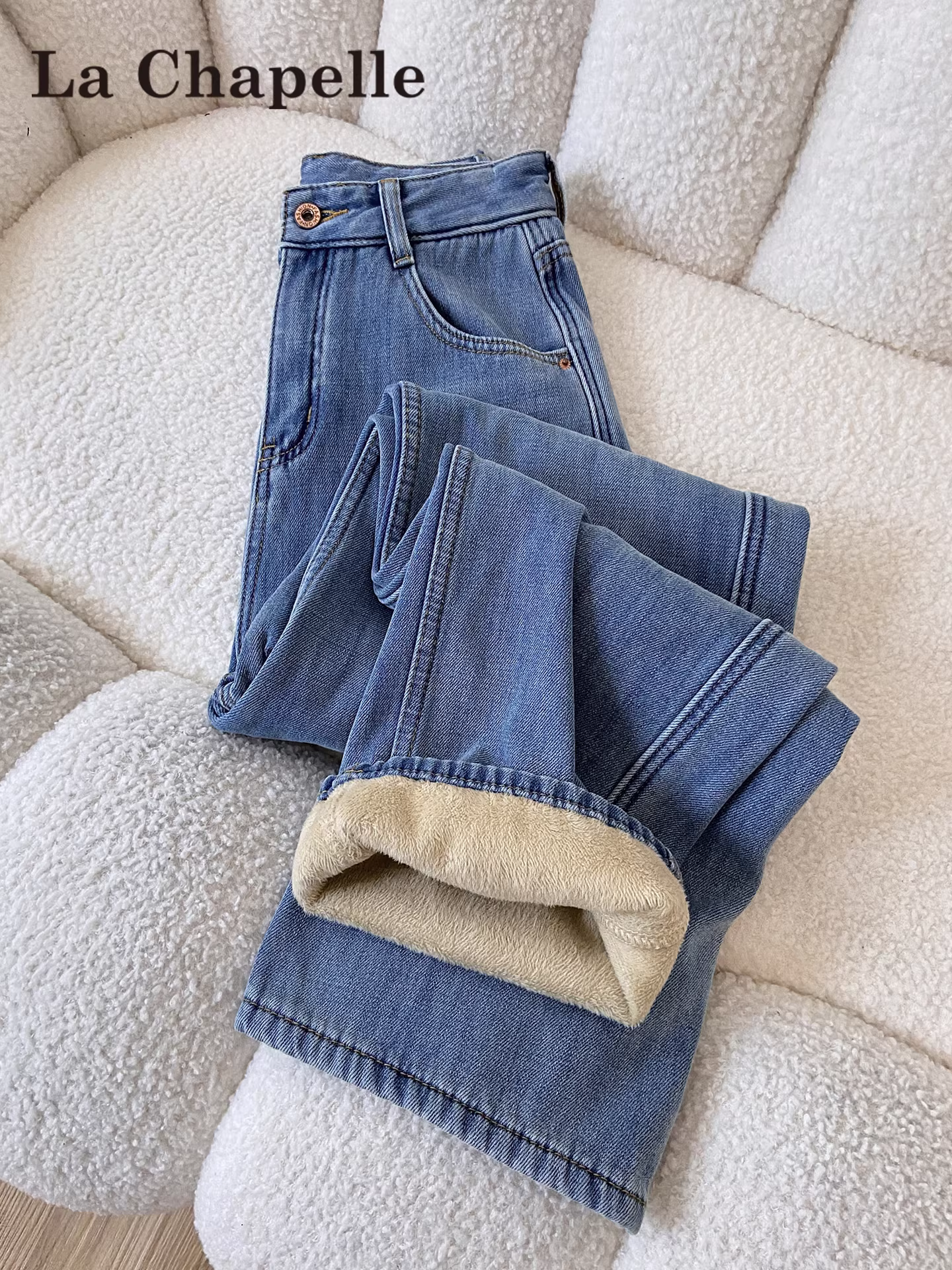 Quần jean ống rộng lót lông màu sáng La Chapelle dành cho nữ, mùa thu đông 2025, kiểu dáng mới, cạp cao, ôm dáng, dày dặn, ống thẳng
