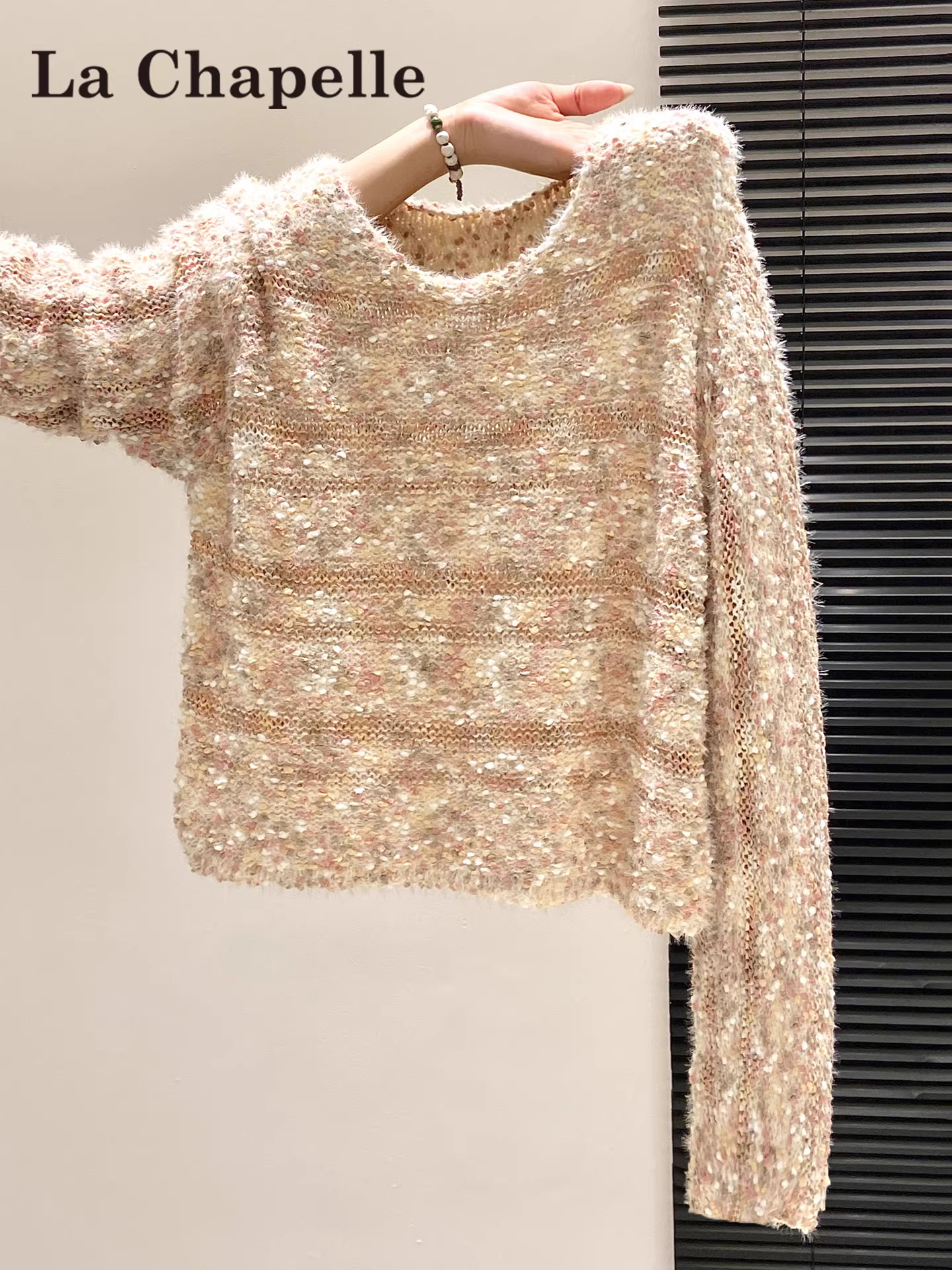 Áo len dệt kim cổ tròn tay dài màu hồng La Chapelle dành cho nữ, mẫu mới thu đông 2025, kiểu dáng rộng, mặc lót bên trong