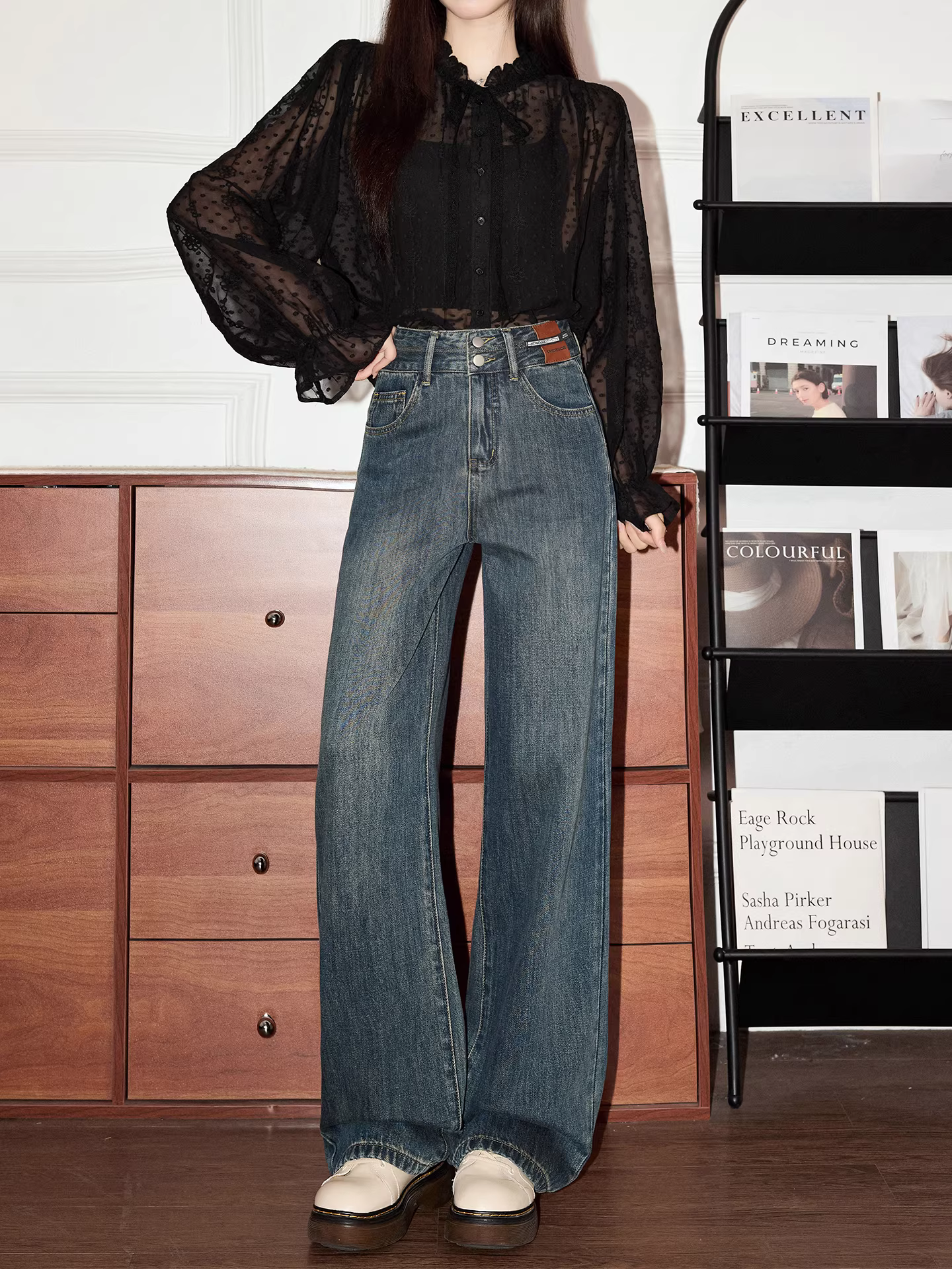 Quần jeans ống rộng La Chapelle kiểu retro dành cho nữ, kiểu mới thu đông 2025, quần suông lưng cao dáng nhỏ nhắn.