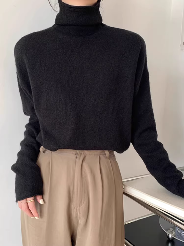 Áo len cổ lọ La Chapelle dành cho nữ 2025, mẫu thu đông mới, cổ xếp lớp, ôm dáng, mặc lót bên trong