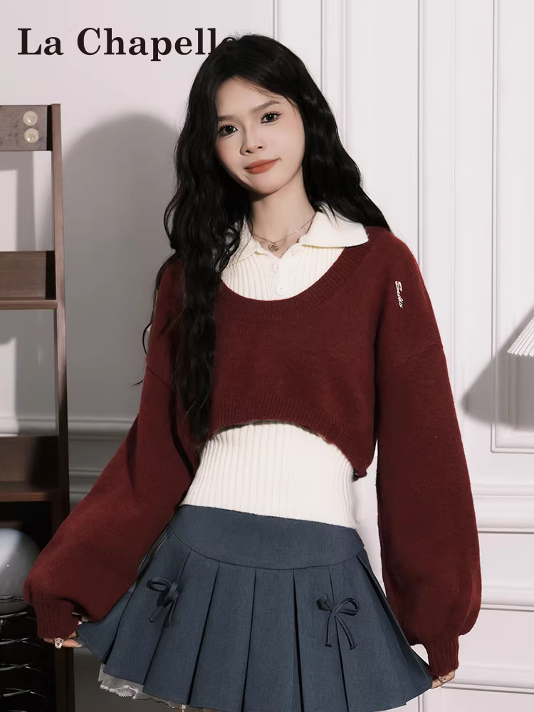 Bộ áo len dài tay màu đỏ La Chapelle dành cho nữ, kiểu dáng ôm sát, hai mảnh, thiết kế tua rua, mùa thu đông 2025