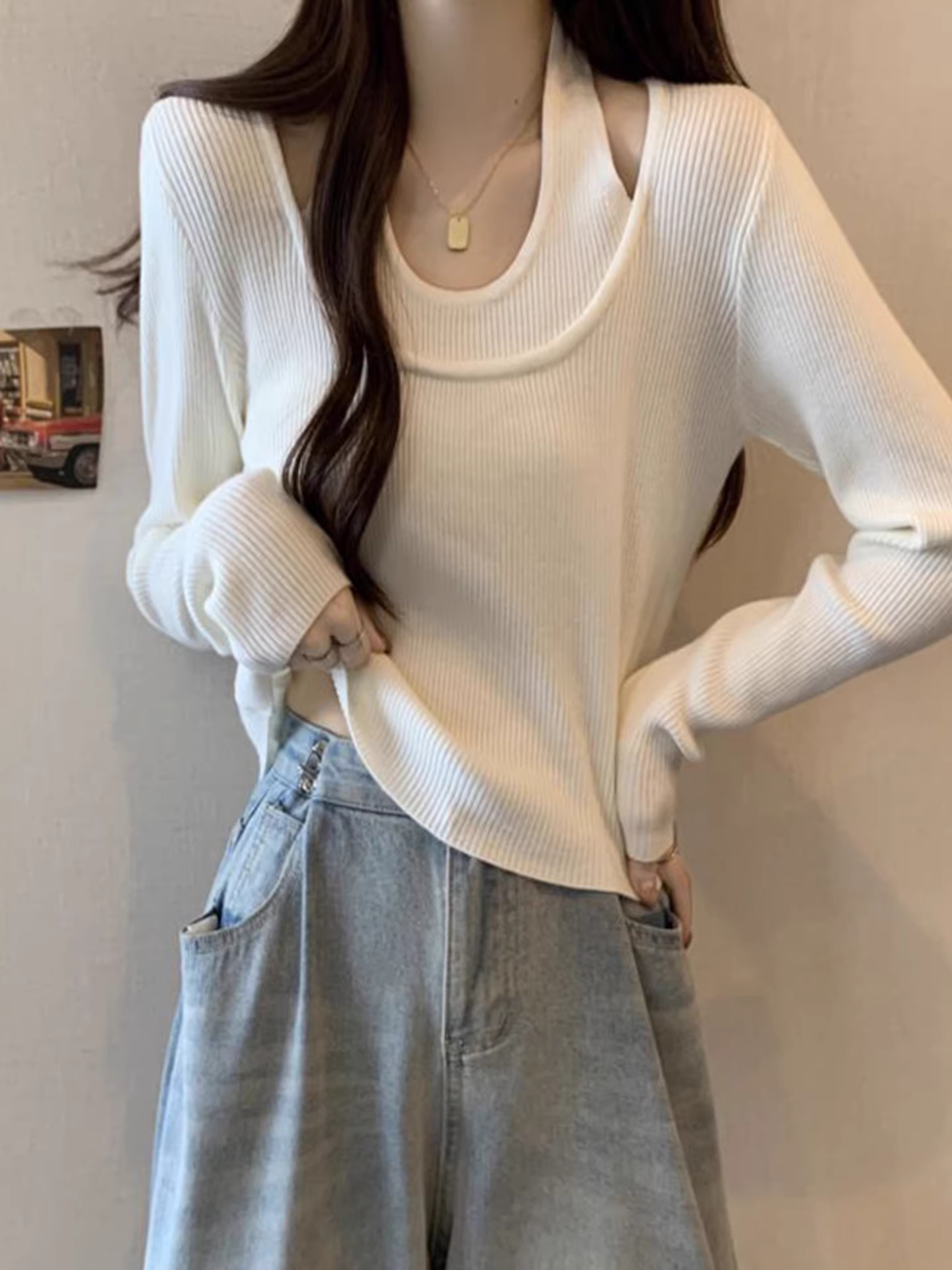 Áo len giả hai mảnh màu đen La Chapelle dành cho nữ, thiết kế ôm dáng mới mùa xuân thu 2025, mặc trong