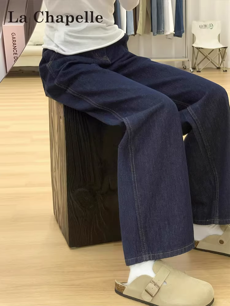 Quần jean ống rộng màu xanh đậm La Chapelle dành cho nữ, kiểu mới thu đông 2025, lót lông cừu, cạp cao, dáng thẳng rộng.