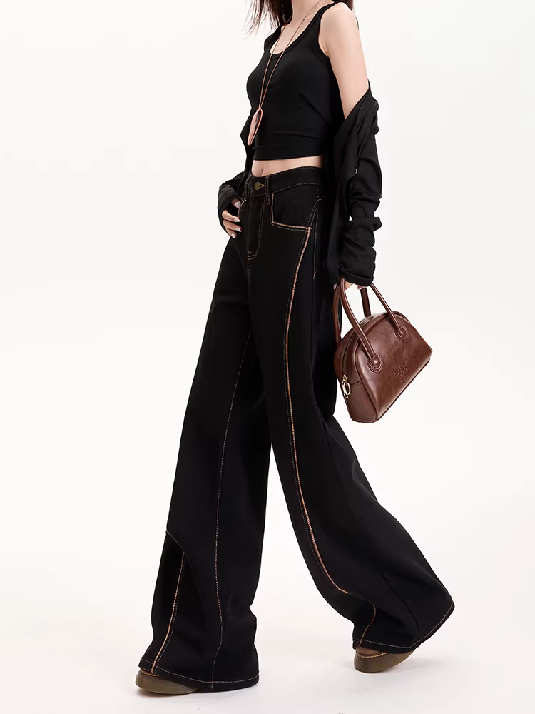 Quần jeans đen dáng rộng La Chapelle dành cho nữ, mẫu mới thu đông 2025, cạp cao, rộng rãi, lót lông, kiểu dáng loe.