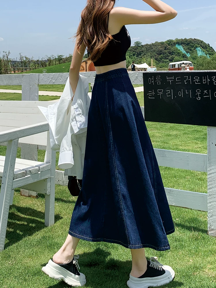 Chân váy denim midi lưng cao La Chapelle dành cho nữ, mẫu mới xuân thu 2025, dáng nhỏ nhắn, dài trung bình, tôn dáng, kiểu dáng chữ A, dáng xòe.