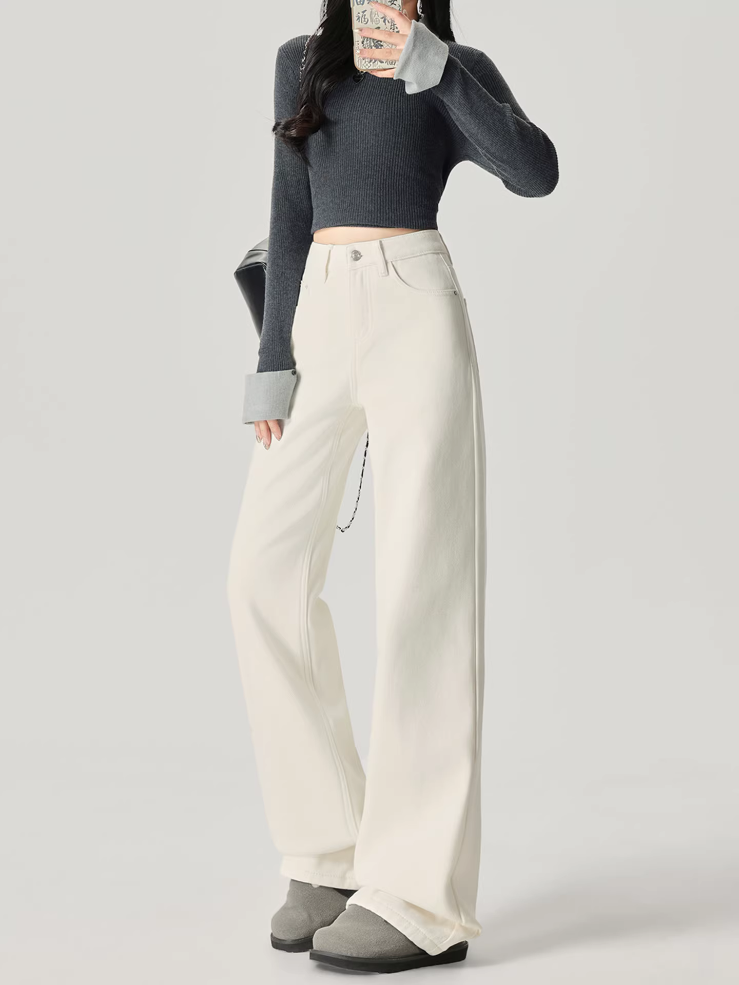 Quần jeans trắng La Chapelle kiểu retro rộng ống rộng dành cho nữ, mẫu mới thu đông 2025, cạp cao, dáng thẳng, chất liệu mềm mại