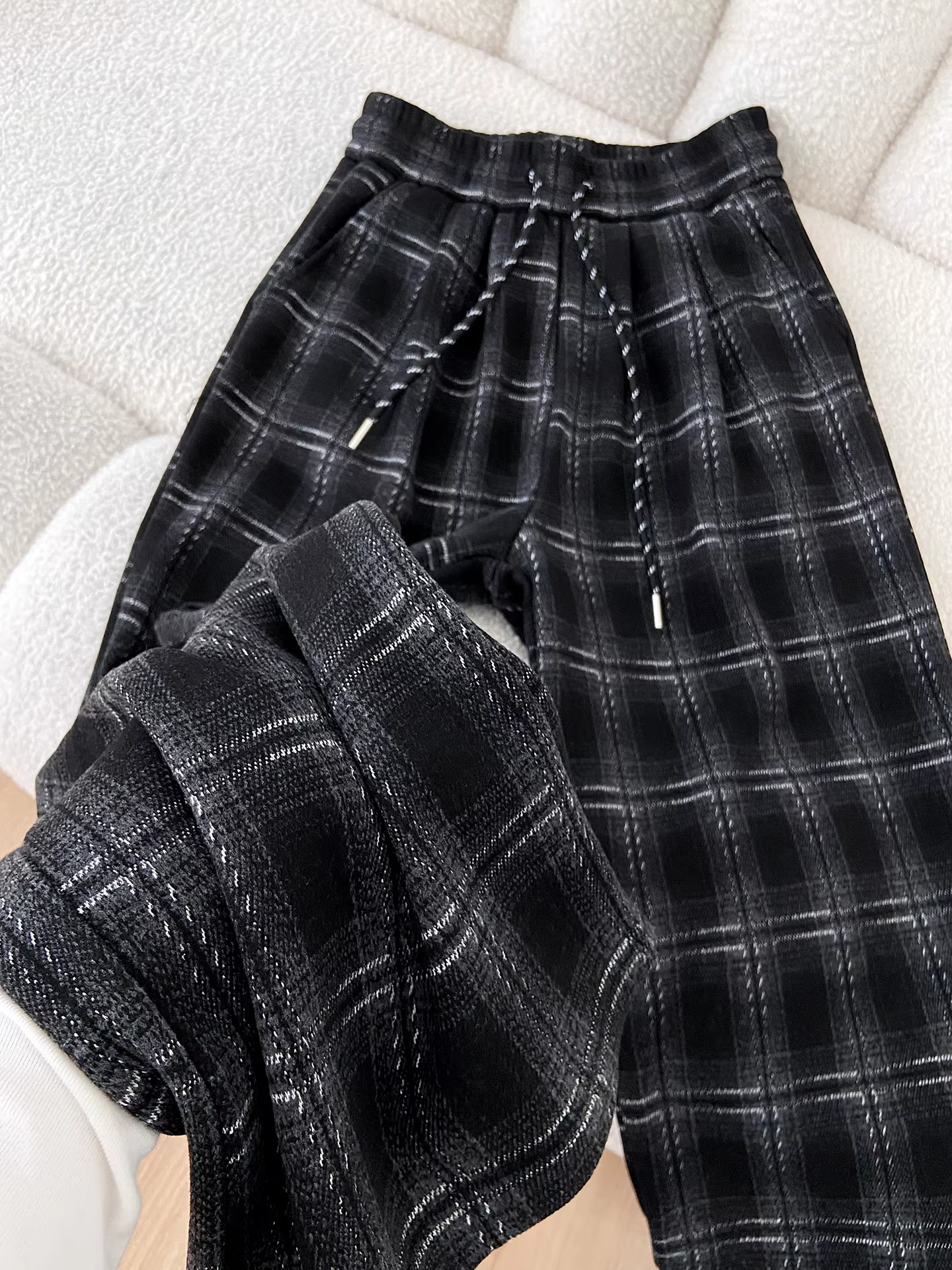 Quần ống rộng kẻ ca rô len La Chapelle dành cho nữ, mẫu mới thu đông 2025, cạp cao, phong cách lười biếng, dáng thẳng