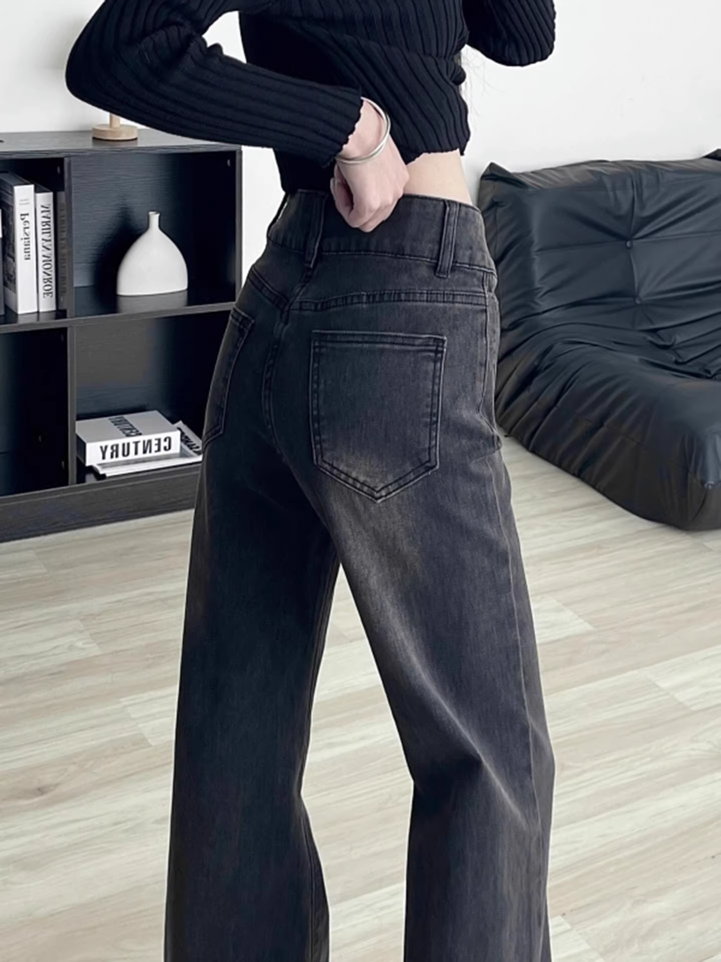 Quần jeans nữ La Chapelle lót lông dày, dáng ôm, ống loe, kiểu mới thu đông 2025, cạp cao, kiểu bootcut