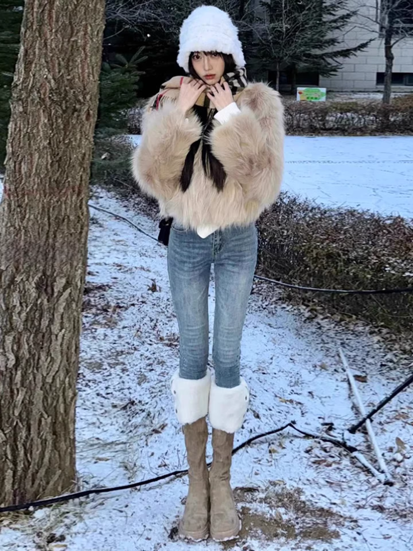 Quần jean skinny dày dặn lót lông La Chapelle dành cho nữ, mùa thu đông 2025, kiểu dáng ôm sát co giãn mới