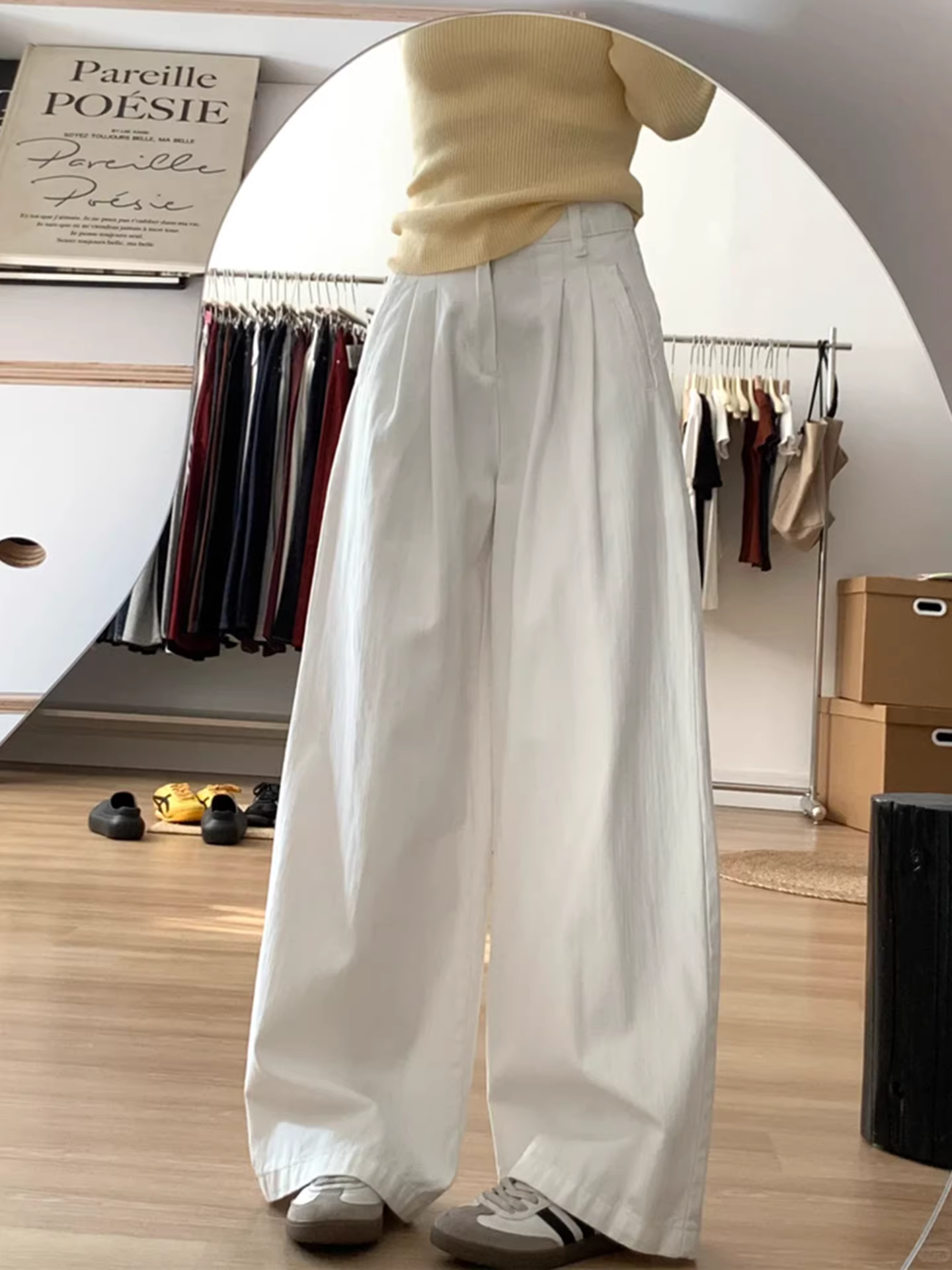 Quần jeans trắng dáng rộng La Chapelle dành cho nữ, kiểu dáng mới thu đông 2025, cạp cao, rộng rãi, phong cách Mỹ, dáng thẳng