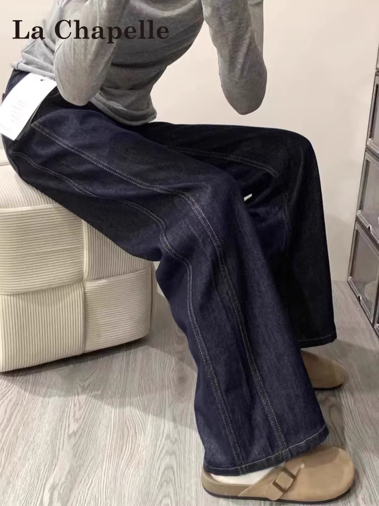 Quần jean ống rộng màu xanh đậm La Chapelle dành cho nữ, mùa thu đông, quần jean thẳng cạp cao lót lông cừu nhỏ nhắn