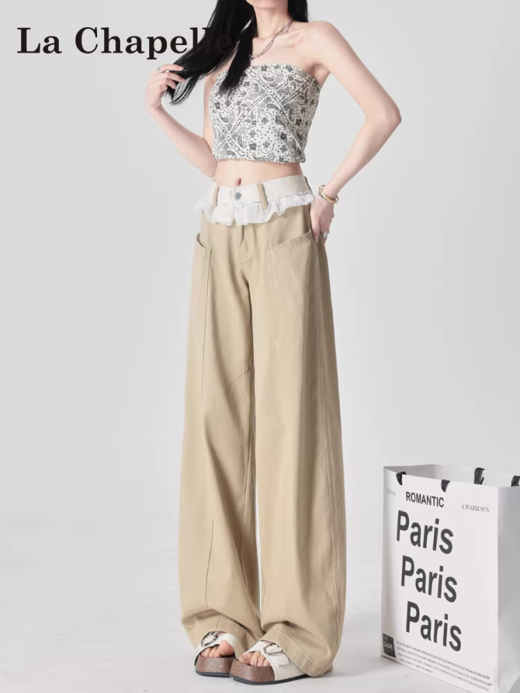 Quần jeans ống đứng màu kaki La Chapelle dành cho nữ, quần ống rộng phối ren lưng cao mới mùa thu 2025