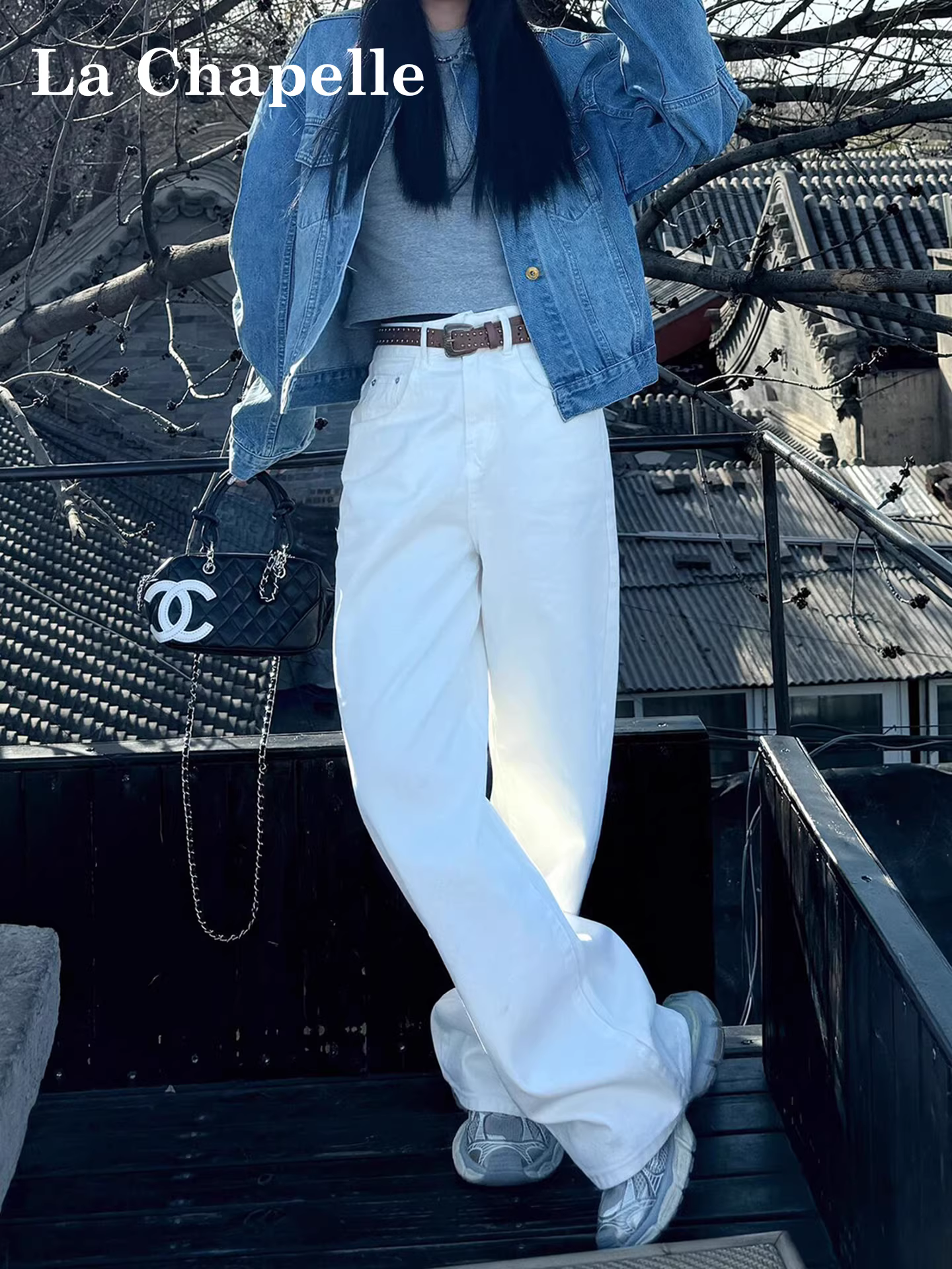 Quần jeans ống rộng lót lông trắng La Chapelle dành cho nữ, mẫu mới thu đông 2025, cạp cao, dáng rộng, thẳng