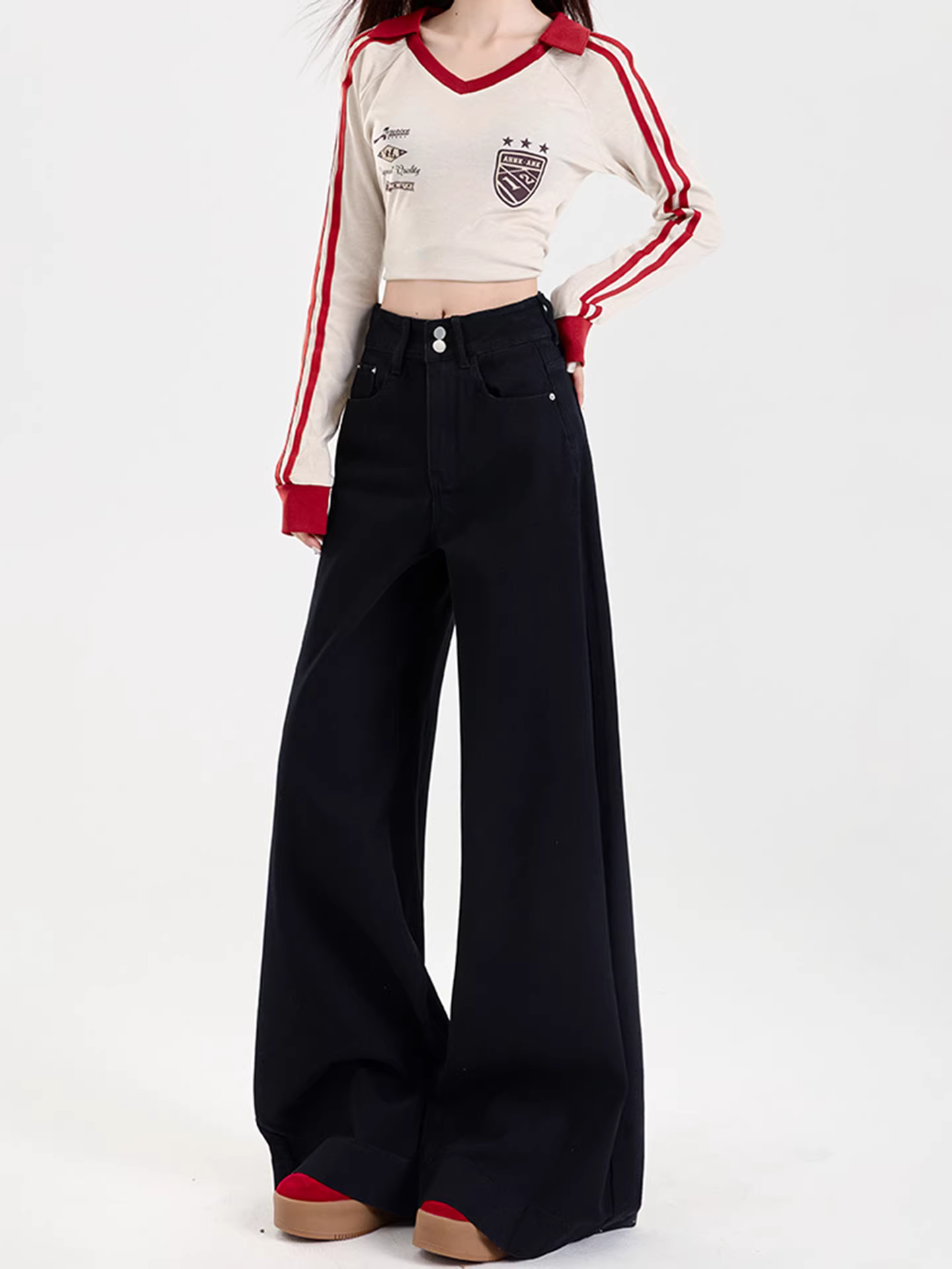 Quần jeans ống loe dày lót lông cừu đen La Chapelle dành cho nữ, mẫu mới thu đông 2025, cạp cao