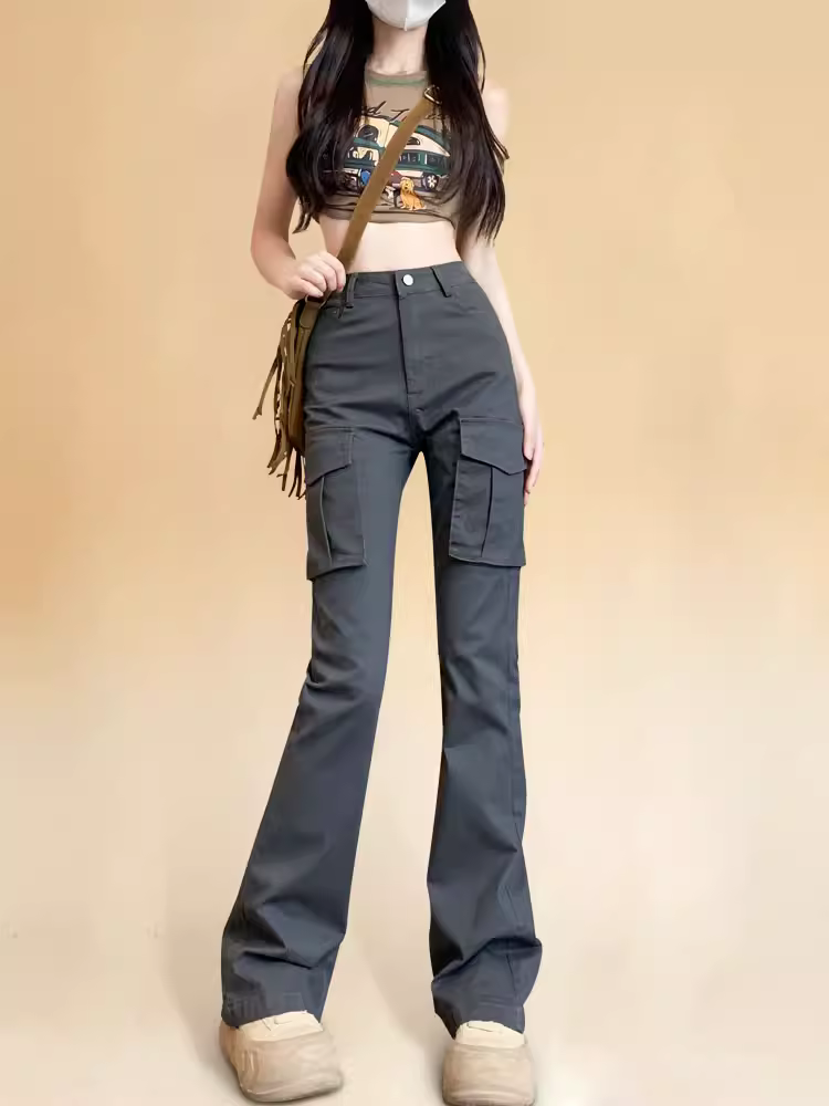 Quần cargo dáng rộng La Chapelle dành cho nữ, kiểu mới thu đông 2025, phong cách Mỹ, cạp cao, dáng nhỏ nhắn, quần ống loe dài chấm đất.
