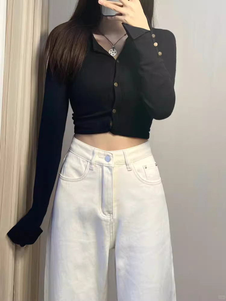 Quần jeans trắng dáng rộng ống rộng La Chapelle dành cho nữ, mẫu mới thu đông 2025, lót lông, cạp cao, dáng suông.