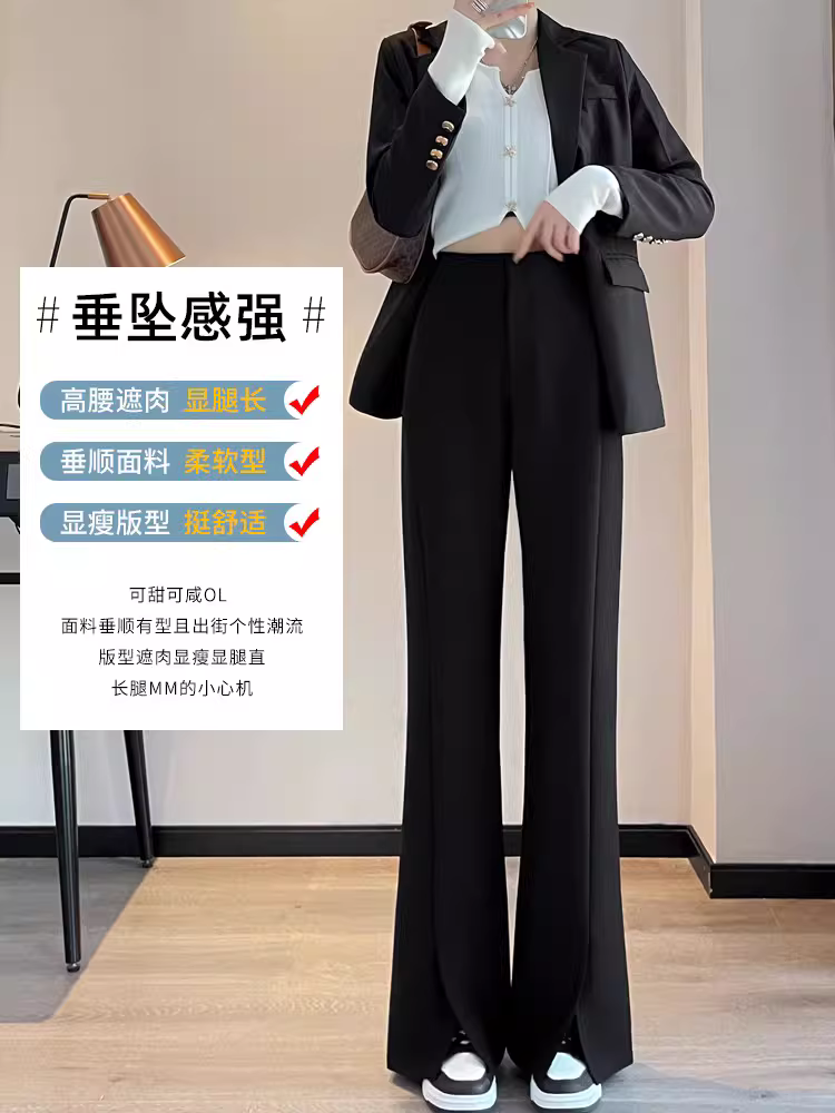 Quần âu đen xẻ tà dáng chuông La Chapelle dành cho nữ, mẫu mới thu 2025, cạp cao, tôn dáng, size nhỏ