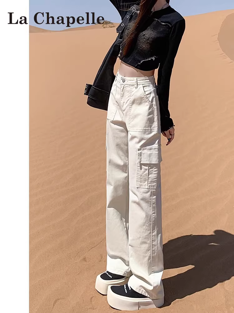 Quần cargo denim ống rộng dáng suông La Chapelle dành cho nữ, mẫu mới thu 2025, phong cách Mỹ, cạp cao, dáng thẳng, size nhỏ nhắn