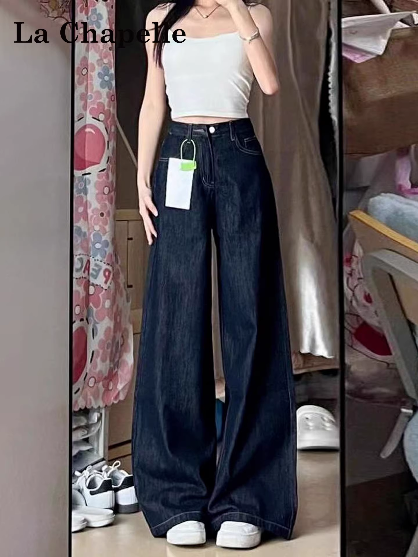 Quần jeans ống rộng dày dặn lót lông màu xanh đậm La Chapelle dành cho nữ, mẫu mới thu đông 2025, cạp cao, dài chấm đất, dáng thẳng