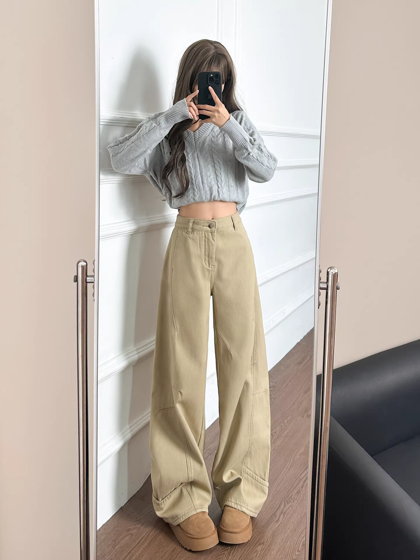 Quần jeans ống rộng lót lông cừu dày dặn La Chapelle dành cho nữ, mẫu mới thu đông 2025, dáng rộng thẳng