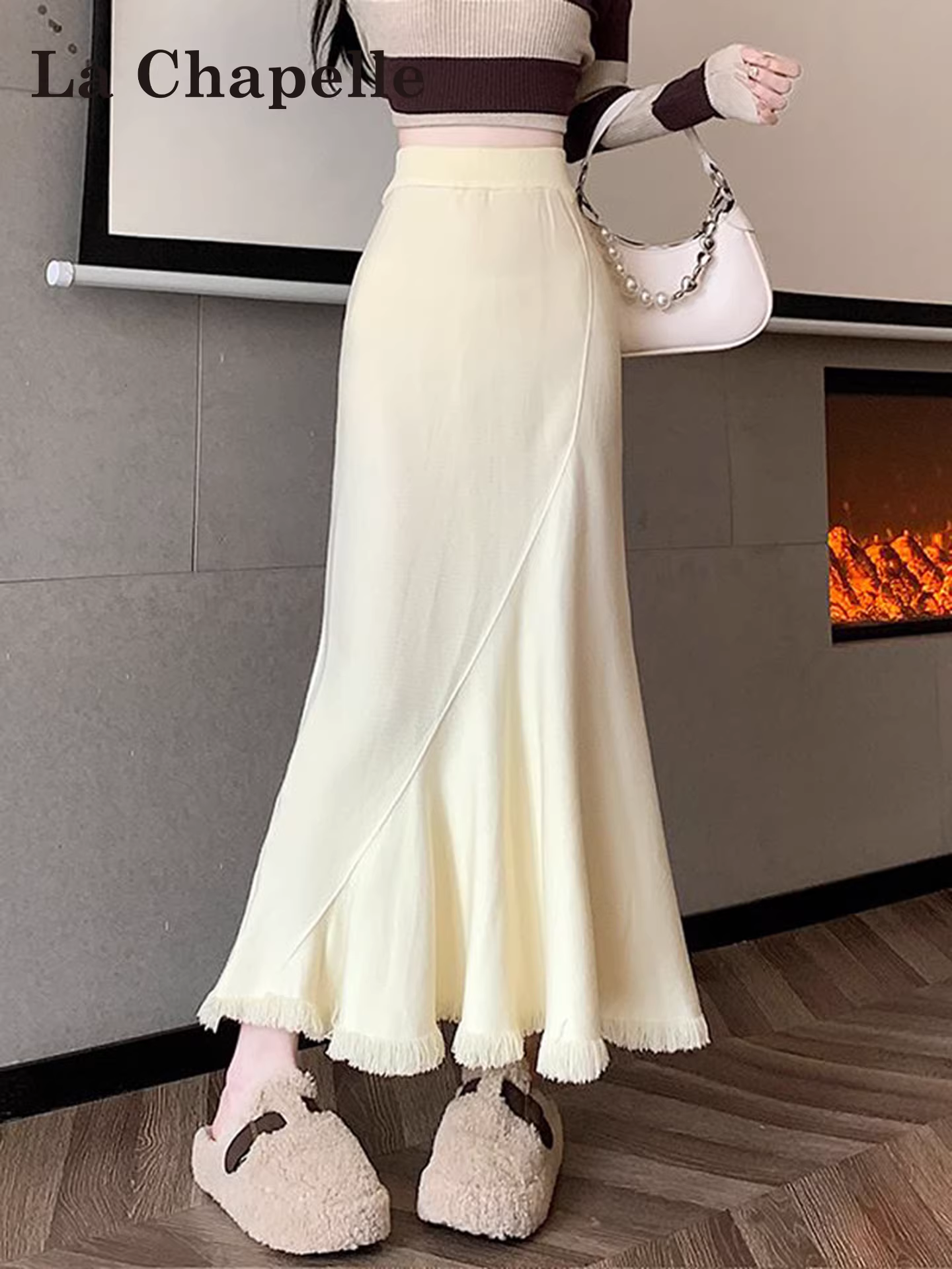 Váy len đuôi cá tua rua La Chapelle dành cho nữ, thu đông 2025, kiểu dáng mới, cạp cao, tôn dáng, ôm body, dáng chữ A