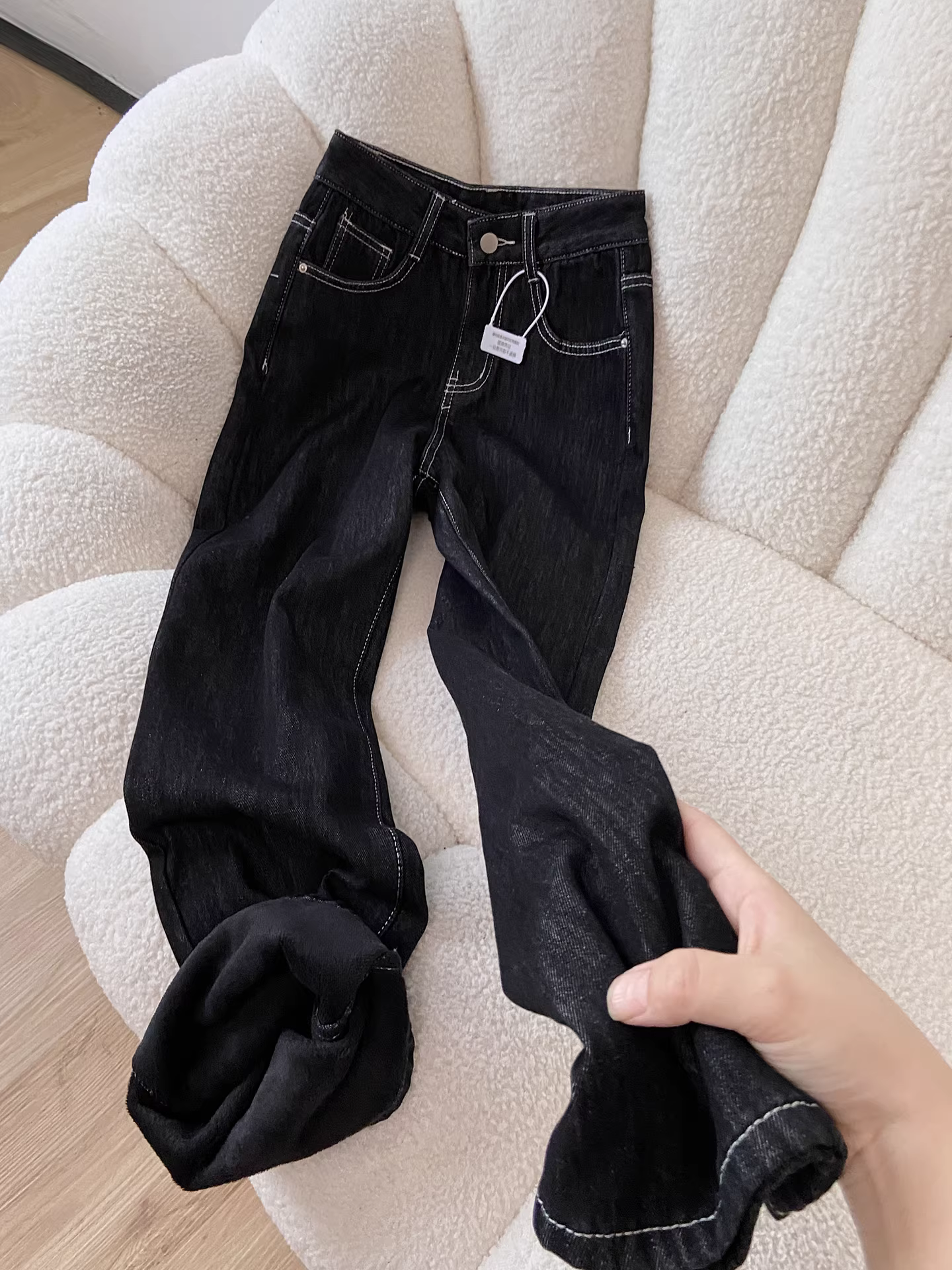 Quần jeans ống rộng dày lót lông cừu đen La Chapelle dành cho nữ, kiểu dáng Mỹ, cạp cao, thẳng, mới thu đông 2025