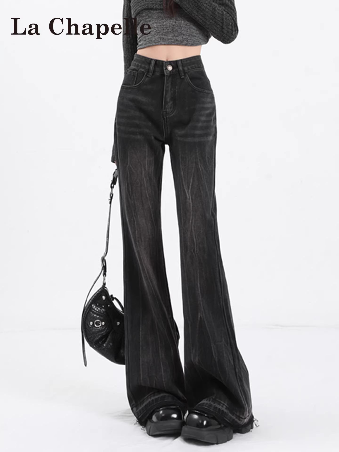 Quần jean ống loe dày dặn lót lông màu xám La Chapelle dành cho nữ, quần ống chuông cạp cao mới mùa thu đông 2025.