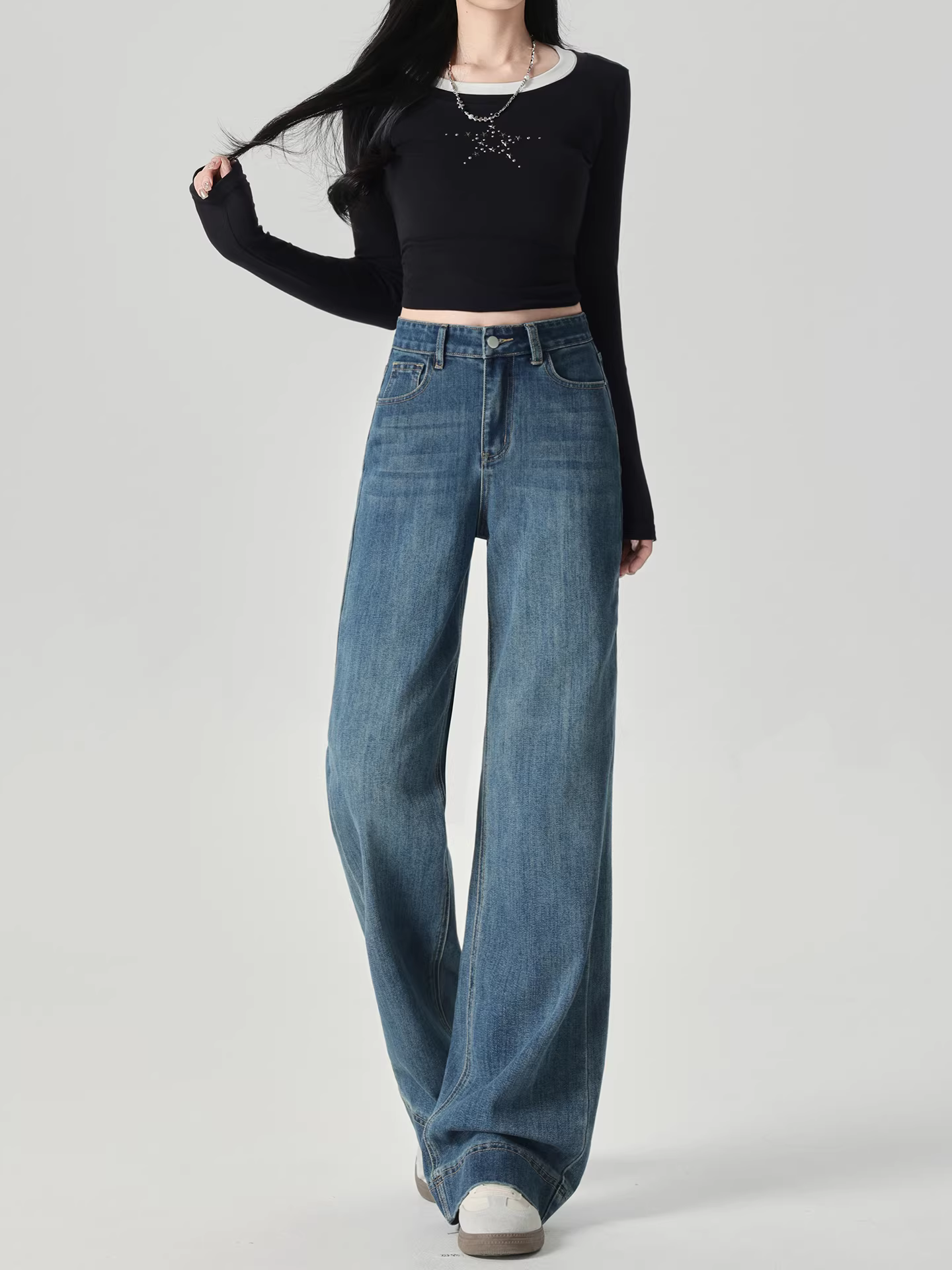 Quần jeans La Chapelle cạp cao ống rộng dành cho nữ, mẫu mới thu đông 2025, dáng suông, dài chấm đất