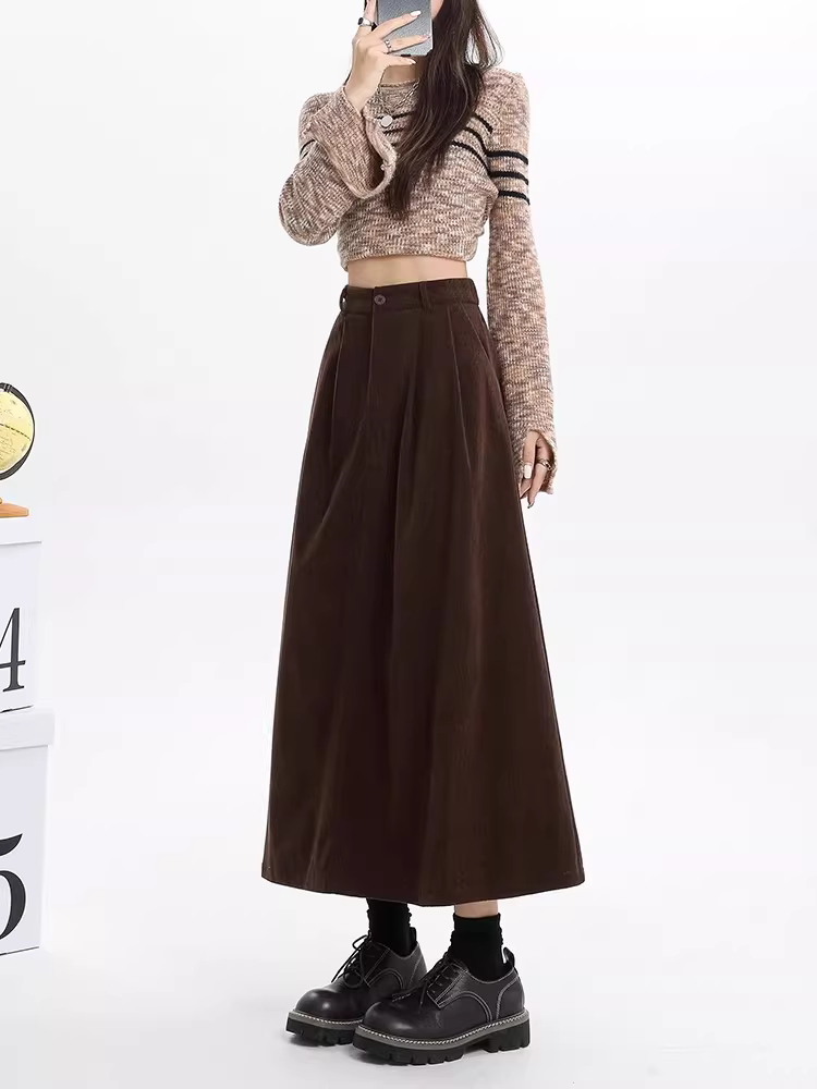 Váy chữ A cao eo chất liệu corduroy La Chapelle dành cho nữ, mẫu mới thu đông 2025, màu cà phê Melard, dài ngang đùi