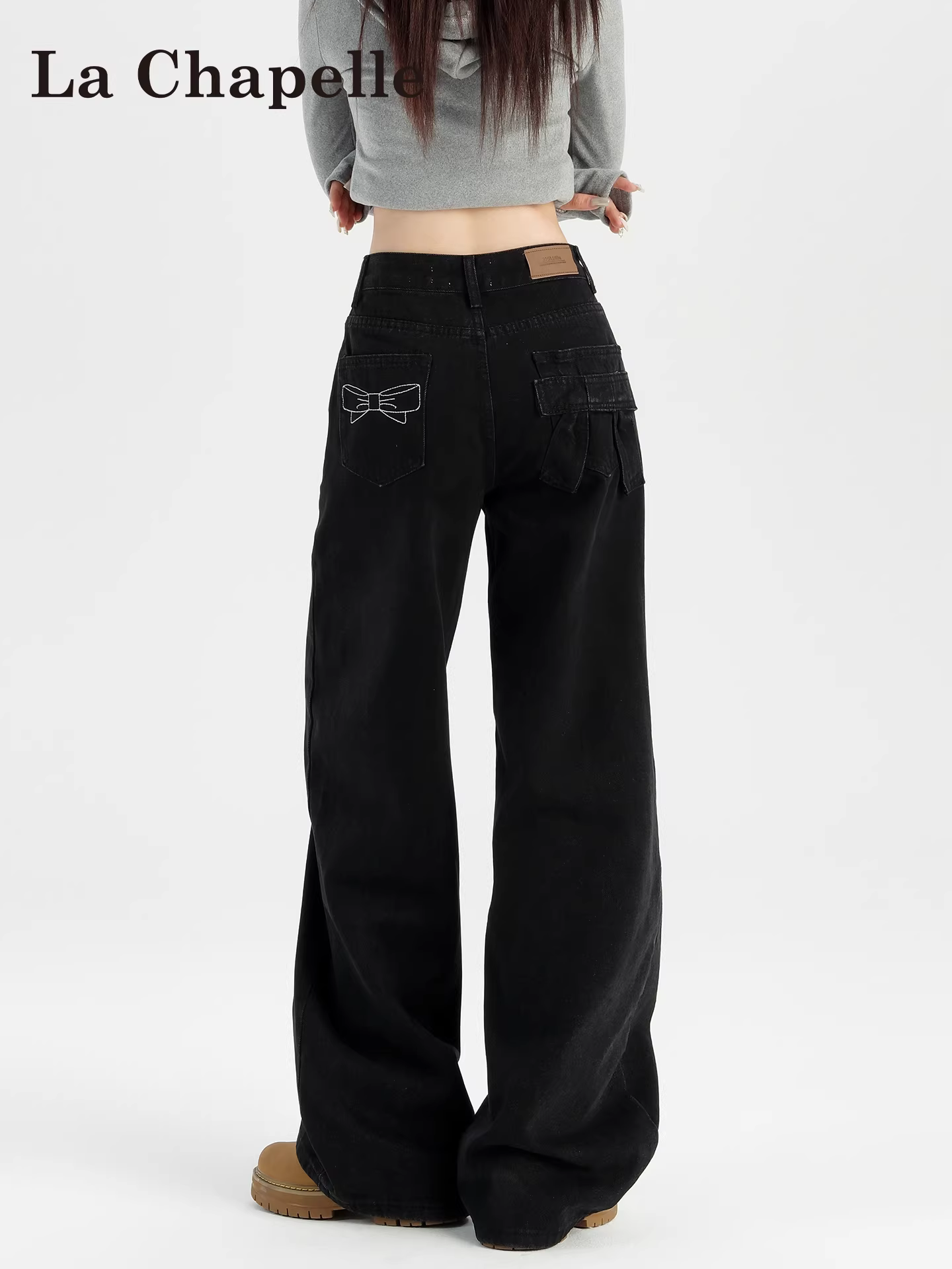 Quần jeans ống rộng lót lông cừu đen La Chapelle dành cho nữ, kiểu mới thu đông 2025, quần thẳng lưng cao dáng nhỏ nhắn.