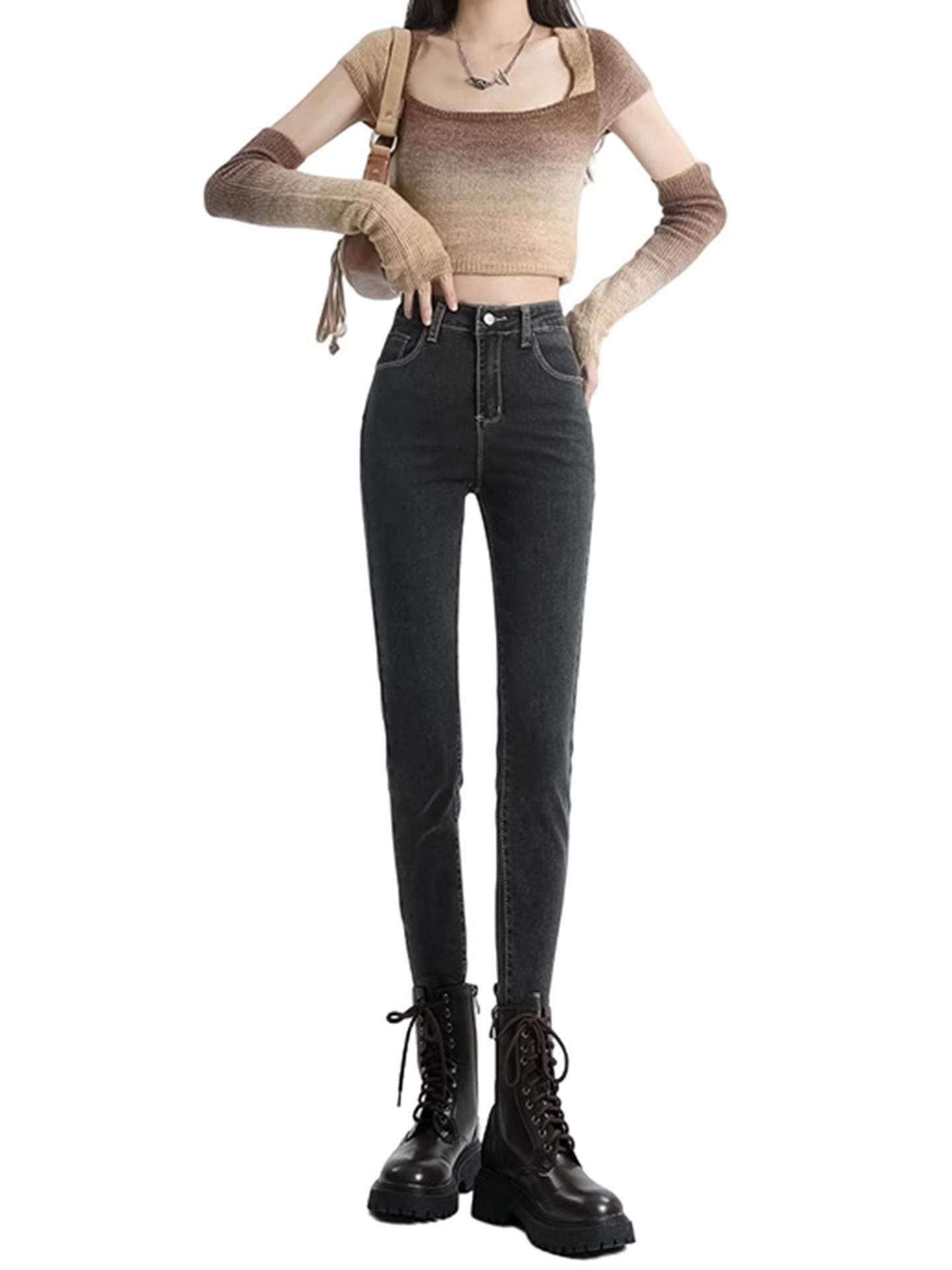 Quần jean skinny lót lông màu sáng La Chapelle dành cho nữ 2025 mới thu đông, kiểu dáng ôm sát, cạp cao, dáng bút chì, size nhỏ nhắn