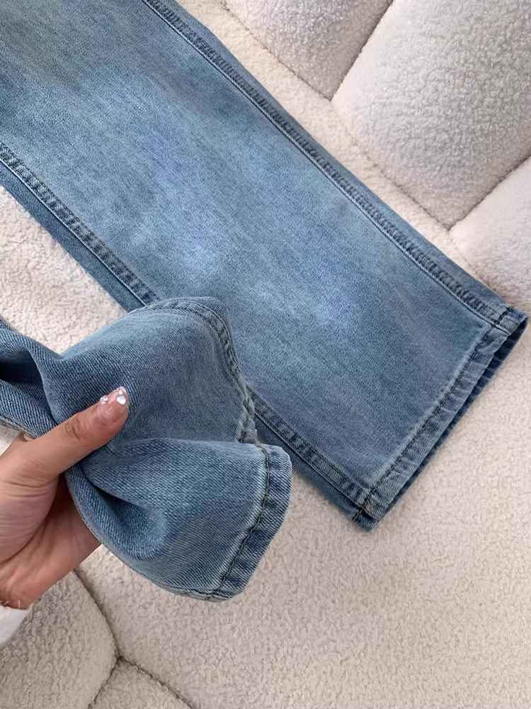 Quần jeans ống rộng lót lông La Chapelle dành cho nữ, mẫu mới thu đông 2025, cạp cao, dáng rộng, ống thẳng, dành cho người nhỏ nhắn