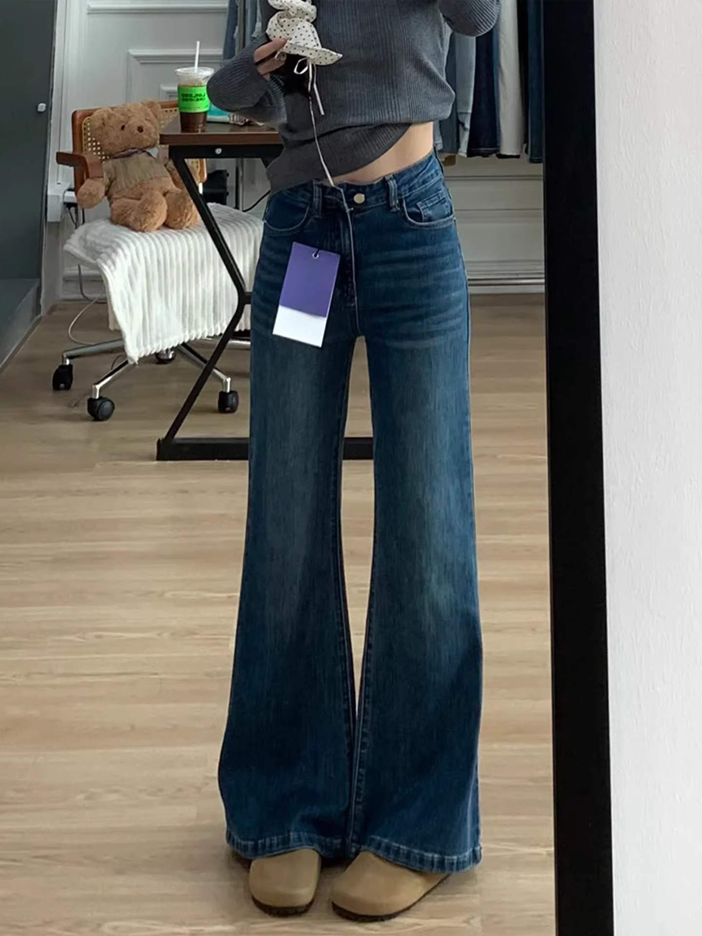 Quần jeans ống loe dày dặn lót lông cừu La Chapelle dành cho nữ, mẫu mới mùa đông 2025, cạp cao